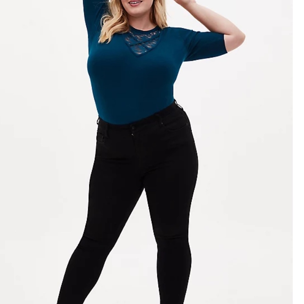 Teal Sweater Knit Lace Inset Top